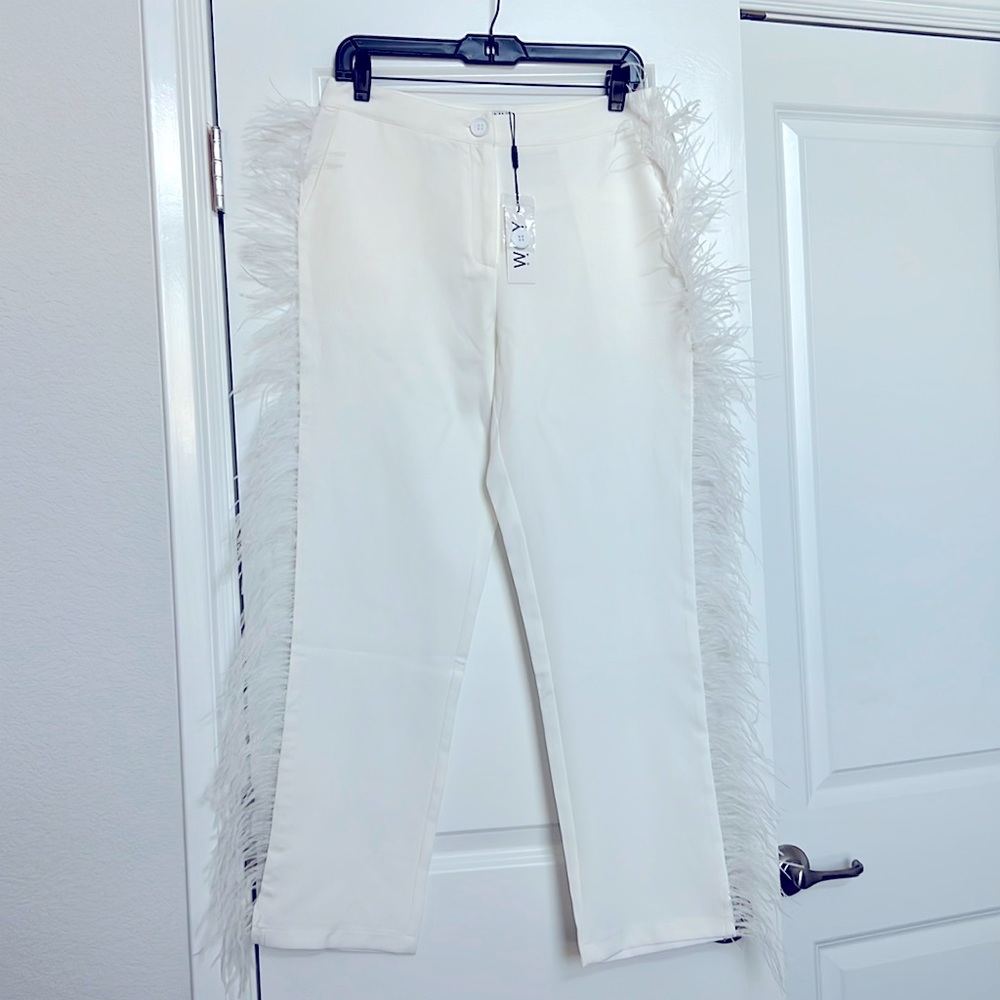 White Feathered Cropped Pants - Size Large